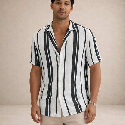 Blouse Heren Regular Fit Linnen Lange Mouwen Gestreept