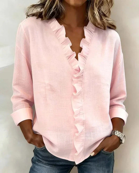 Indie | Blouse met Ruffles, V-Hals en Lange Mouwen
