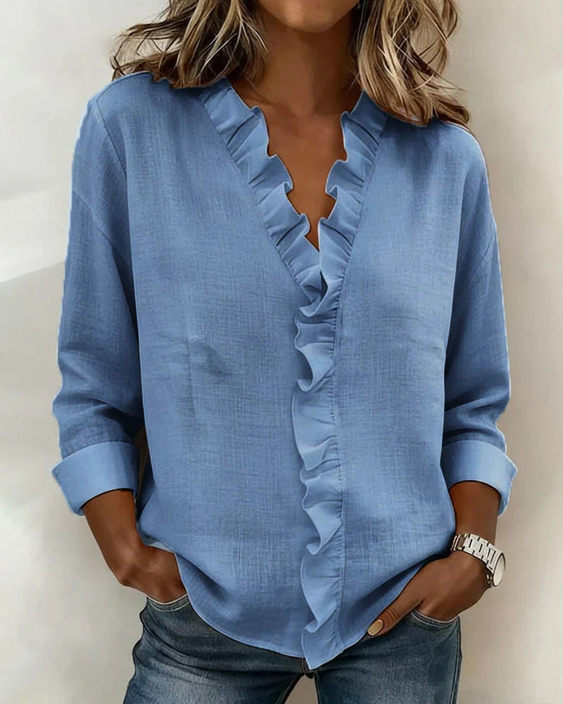 Indie | Blouse met Ruffles, V-Hals en Lange Mouwen
