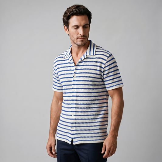 Open Knit Stripe Resort Shirt Heren Zomer Casual