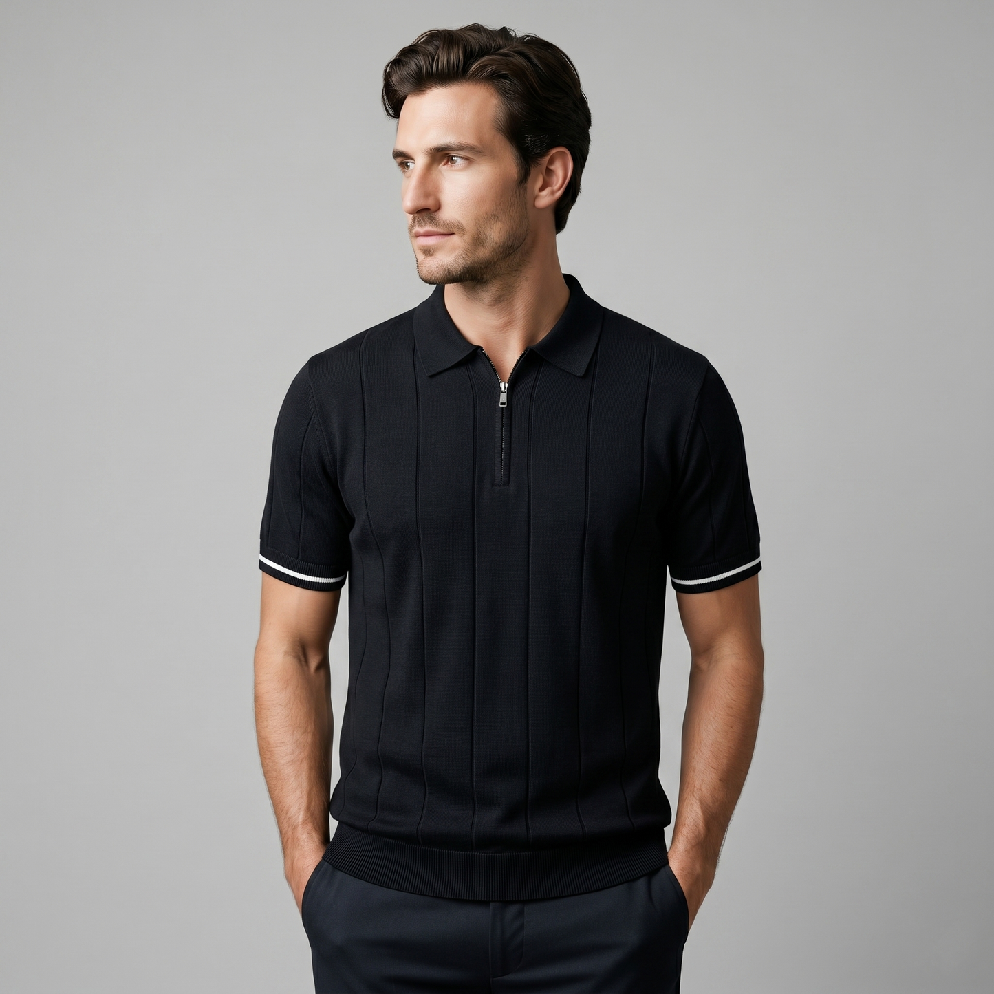 Poloshirt Heren Verticale Strepen Ritssluiting Casual