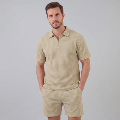 Waffle Knit Set Heren Zomer Casual Half Zip Polo
