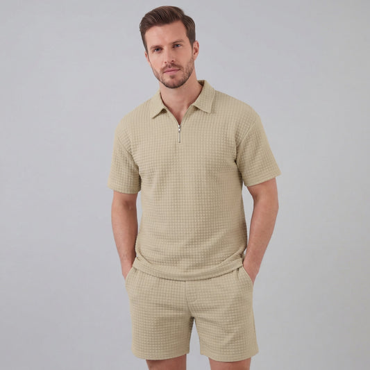 Waffle Knit Set Heren Zomer Casual Half Zip Polo