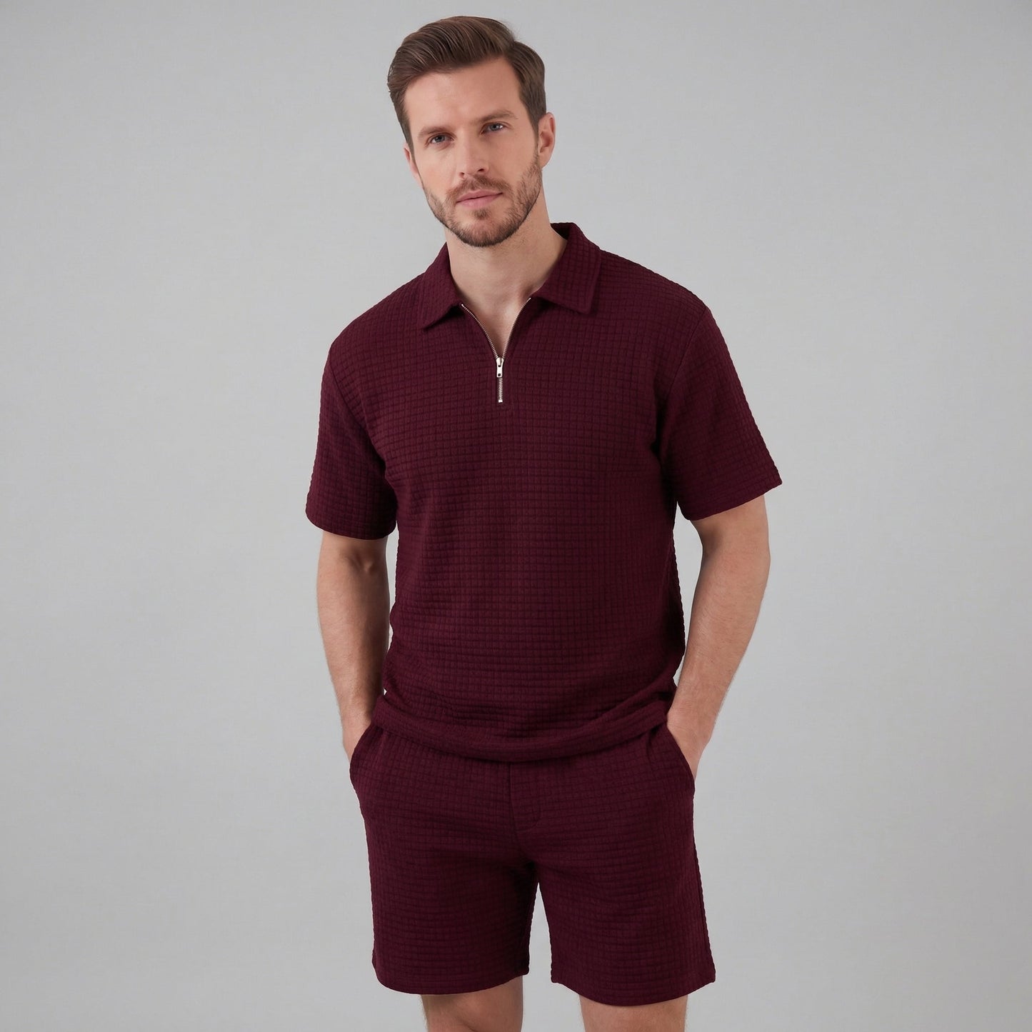 Waffle Knit Set Heren Zomer Casual Half Zip Polo