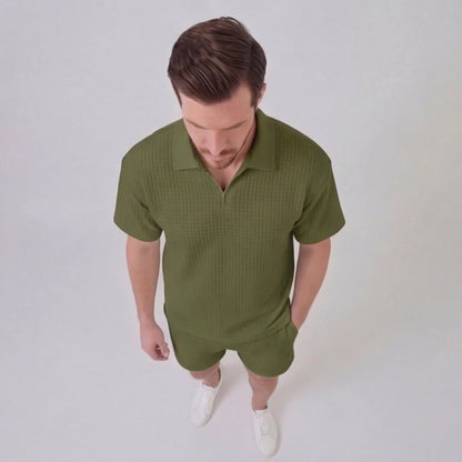 Waffle Knit Set Heren Zomer Casual Half Zip Polo