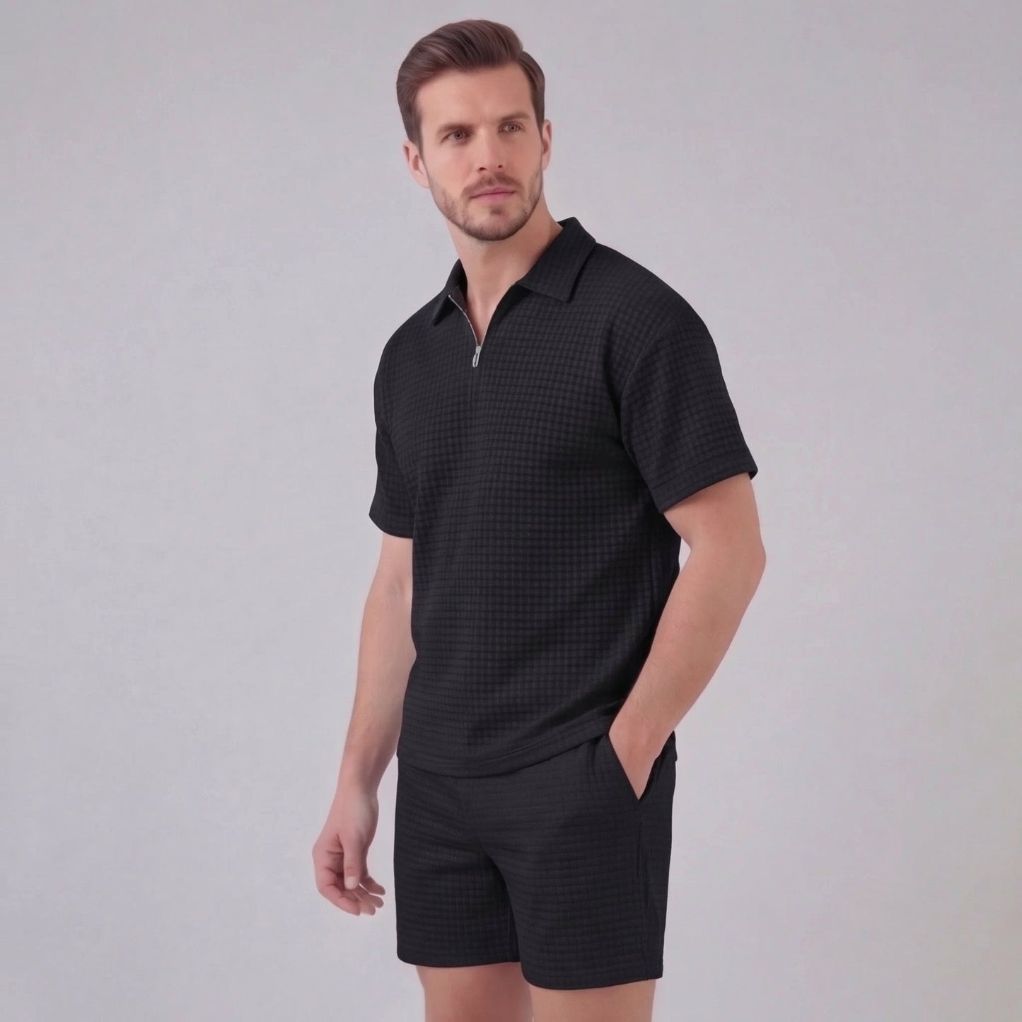 Waffle Knit Set Heren Zomer Casual Half Zip Polo