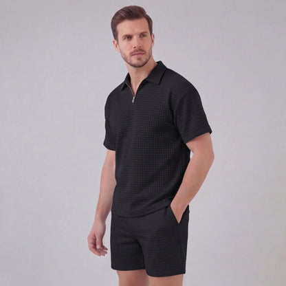 Waffle Knit Set Heren Zomer Casual Half Zip Polo